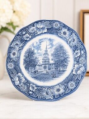 Vintage Liberty Blue Independence Hall Dinner Plate 10" Blue Transferware